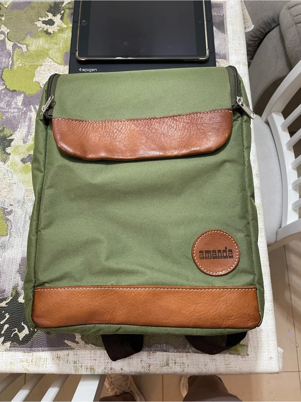 Amanda Olive Green Backpack with Brown Trim (matera )